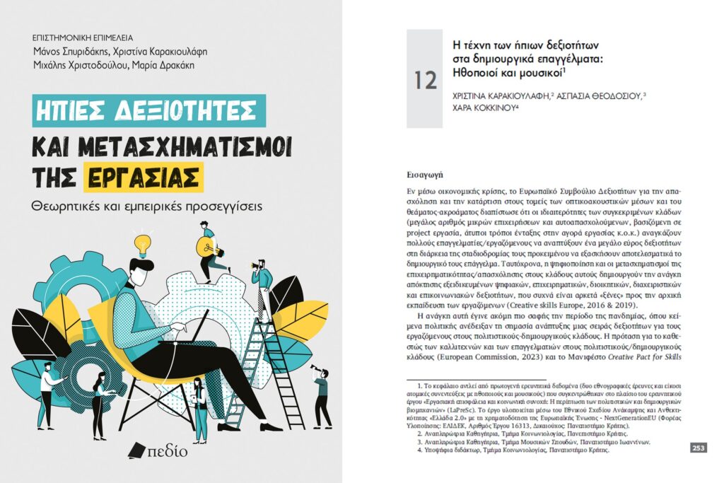 Καρακιουλάφη Χ., Θεοδοσίου Σ. & Κόκκινου, Χ. (2025) «Η τέχνη των ήπιων δεξιοτήτων στα δημιουργικά επαγγέλματα: ηθοποιοί και μουσικοί». Στο Σπυριδάκης, Ε., Καρακιουλάφη, Χ., Χριστοδούλου, Μ., Δρακάκη, Μ. (επιμ.) Ήπιες δεξιότητες και μετασχηματισμοί της εργασίας. Θεωρητικές και εμπειρικές προσεγγίσεις. Αθήνα, Πεδίο, σσ. 253-273.